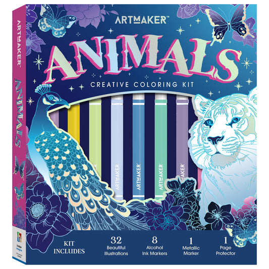 Art Maker Animals Creative Coloring Kit with 8 alcohol ink markers and 32 illustrations