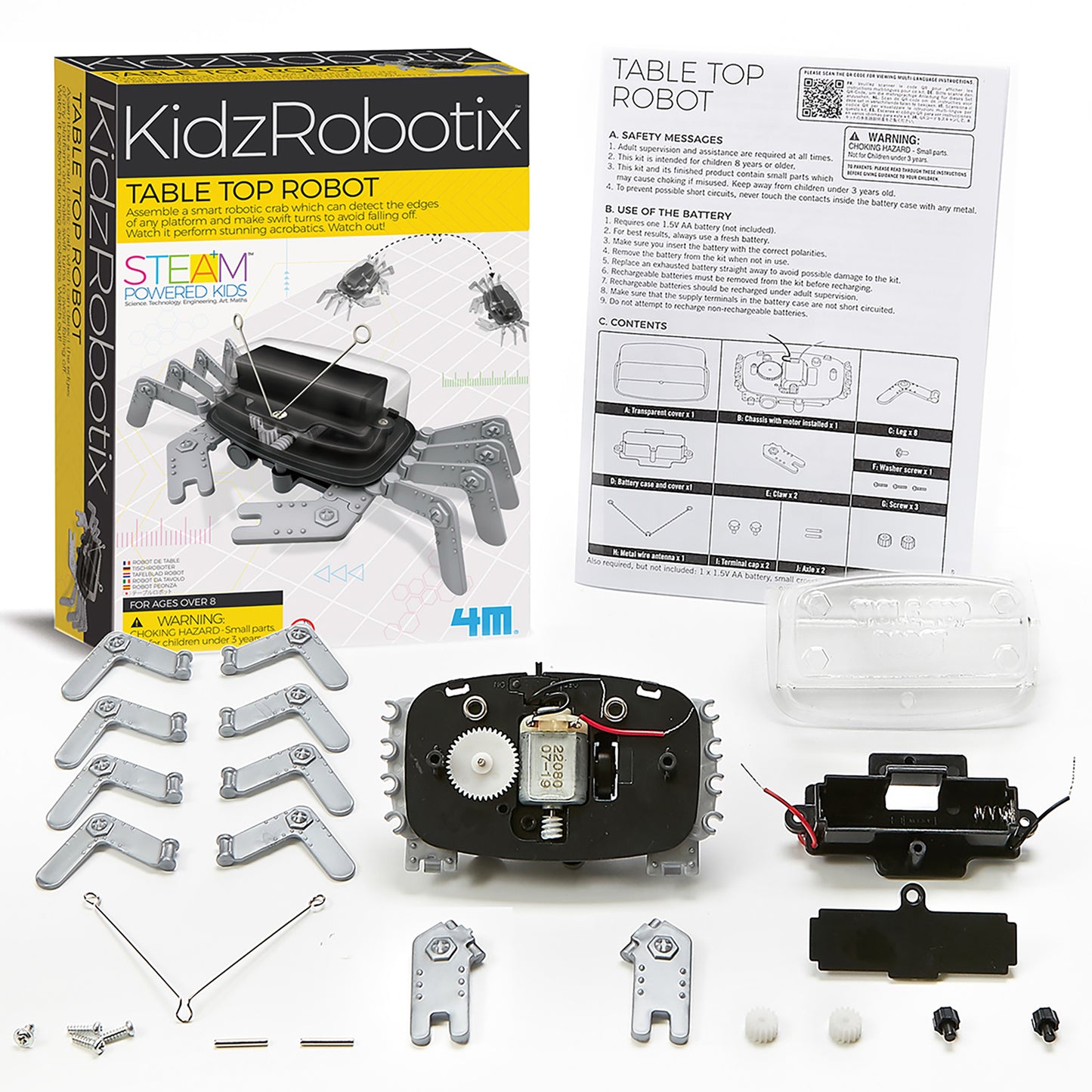KidzRobotix Table Top Robot STEM kit with gray legs, black motor base, and assembly parts displayed