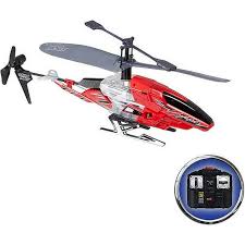 Red and black remote control helicopter with gray rotor blades, shown at an angle with controller inset in bottom right corner