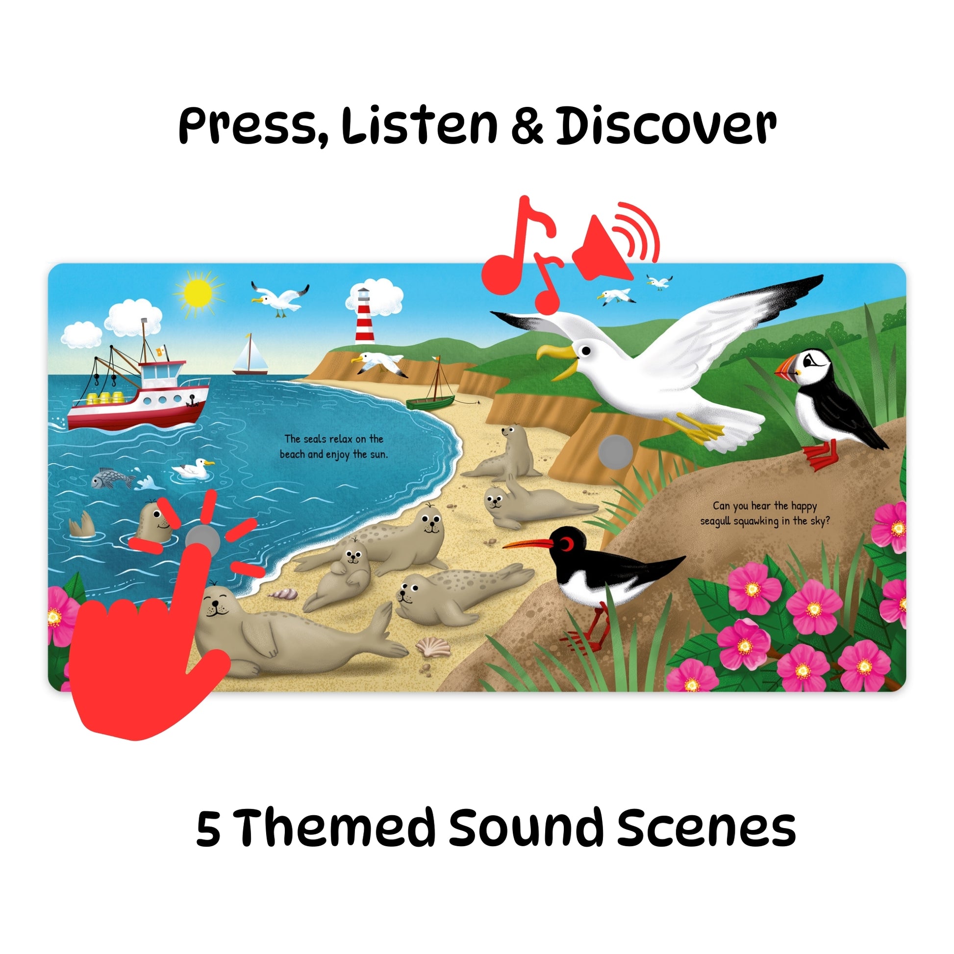 Listen & Discover Book - The Sea interactive sound book with coastal scene featuring seals, seagulls, and boats