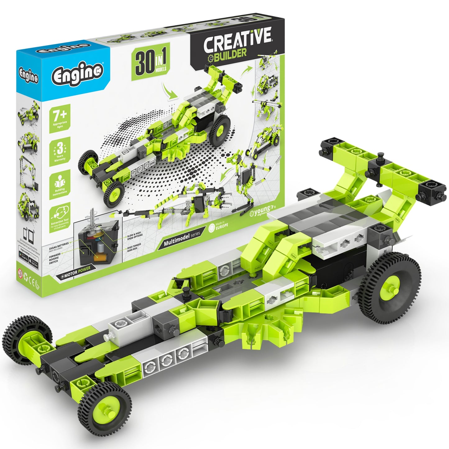 Engino Creative Builder 30-in-1 motorized green and black construction vehicle set with wheels