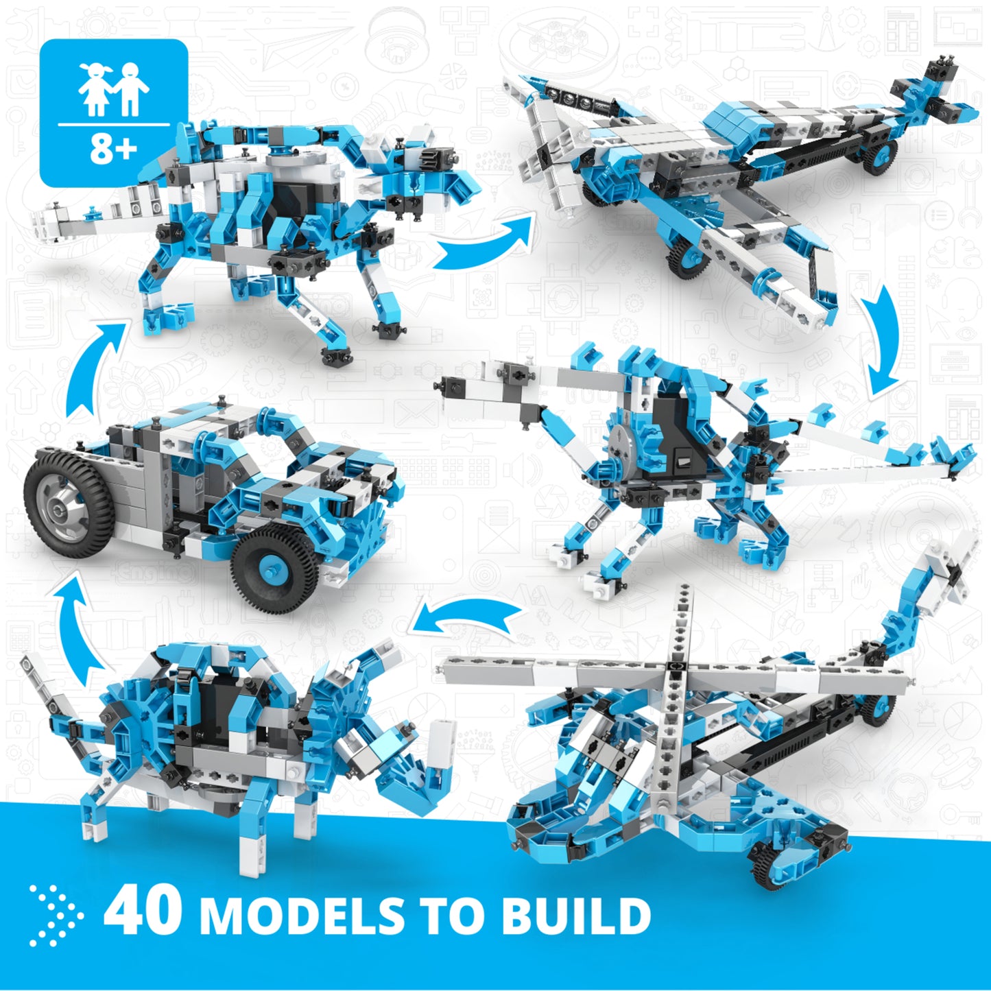 Engino 40-In-1 Maker Master blue motorized building set with robot, vehicle, and aircraft models