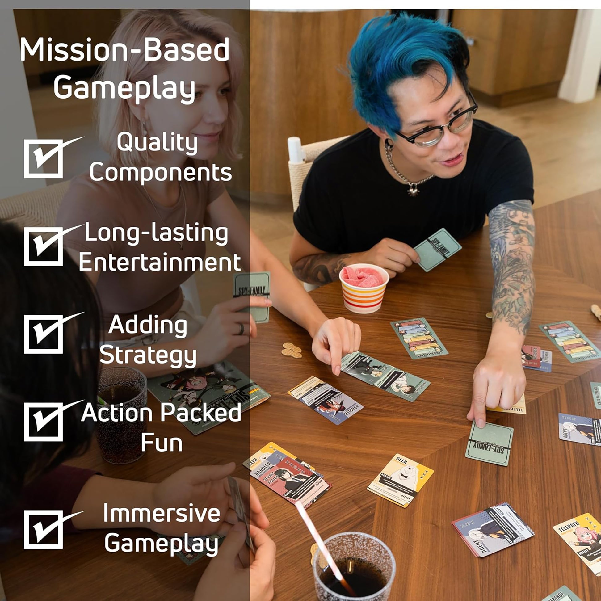 KESS Spy x Family Mission for Peanuts deduction card game being played by person with blue hair at wooden table