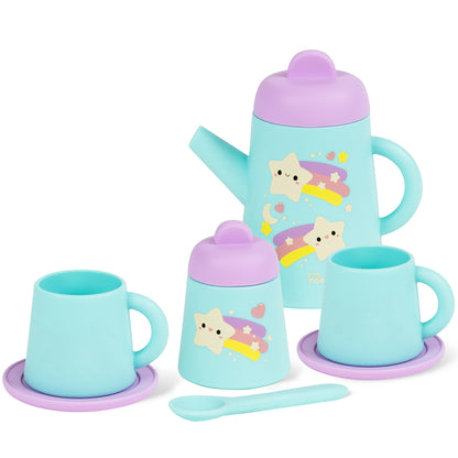 Tiger Tribe silicone tea set with turquoise teapot, cups, saucers and spoon featuring cute star designs