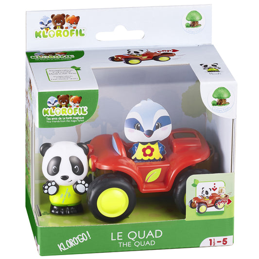 Klorofil Quad & Panda Character Playset with red four-wheeler vehicle, white and blue bird character, and panda figure with yellow wheels