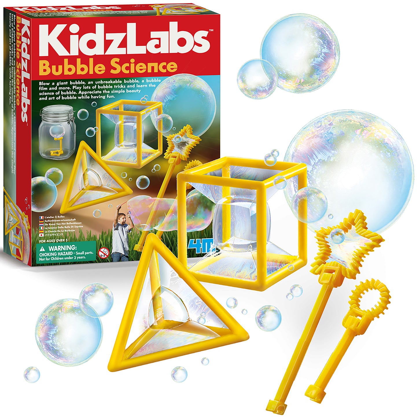 KidzLabs Bubble Science kit with yellow wands and tools creating colorful bubbles