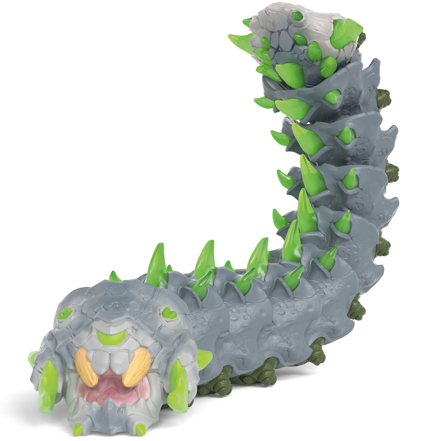 Eldrador Creatures Stone Worm toy with gray body, bright green spikes, and pink mouth