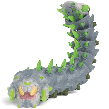 Eldrador Creatures Stone Worm toy with gray body, bright green spikes, and pink mouth