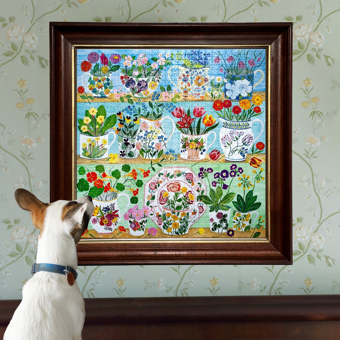 eeBoo Floral Cupboard 1000-piece jigsaw puzzle featuring colorful flowers and teacups
