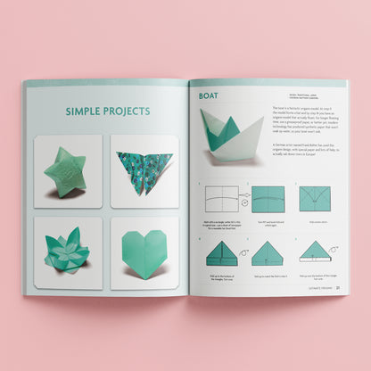 Hinkler Ultimate Origami Book showing simple green paper folding projects including star, butterfly, lotus flower, he...