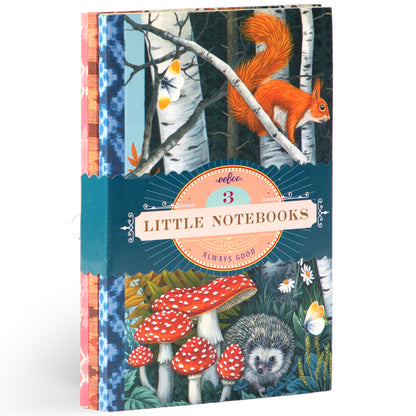 eeBoo 3-Notebook Set with colorful forest wildlife artwork featuring squirrel, hedgehog, and mushrooms