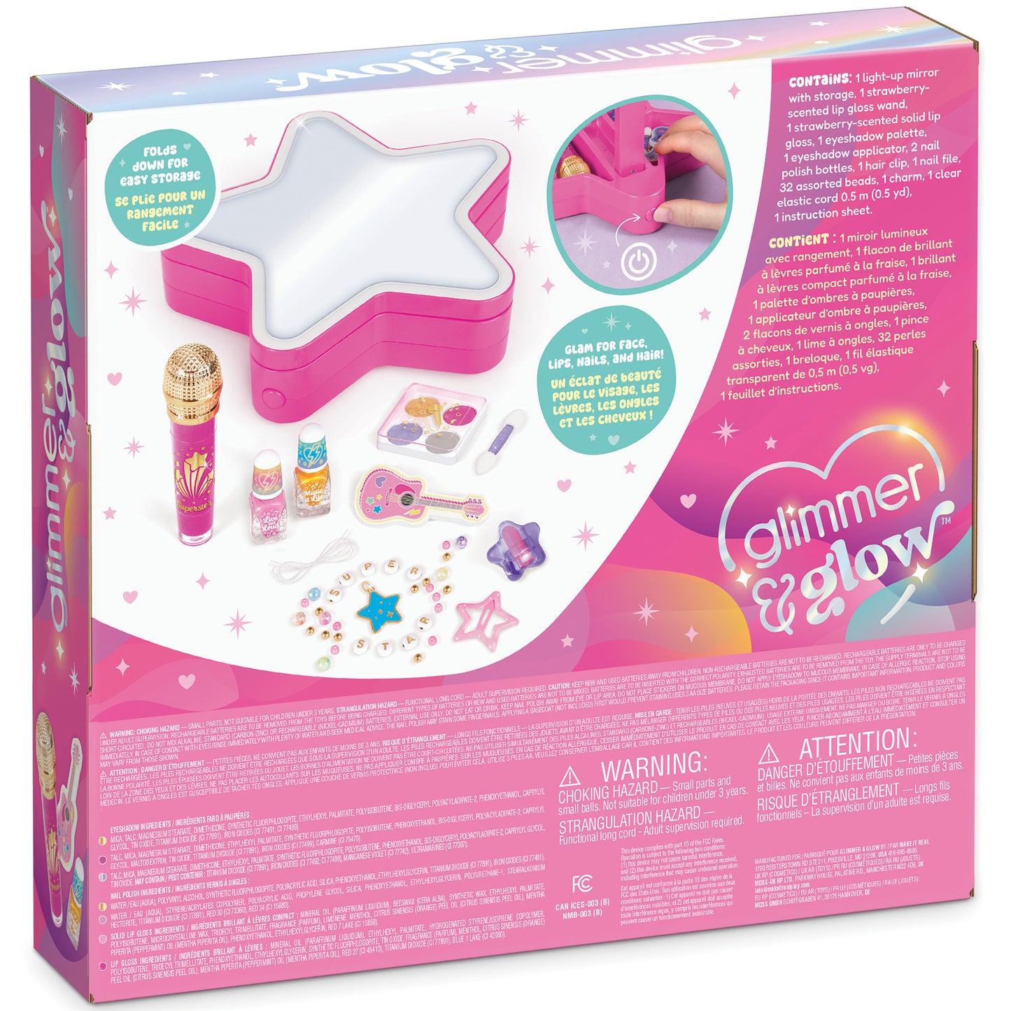 Glimmer & Glow pink star-shaped makeup studio with light-up mirror and cosmetics set