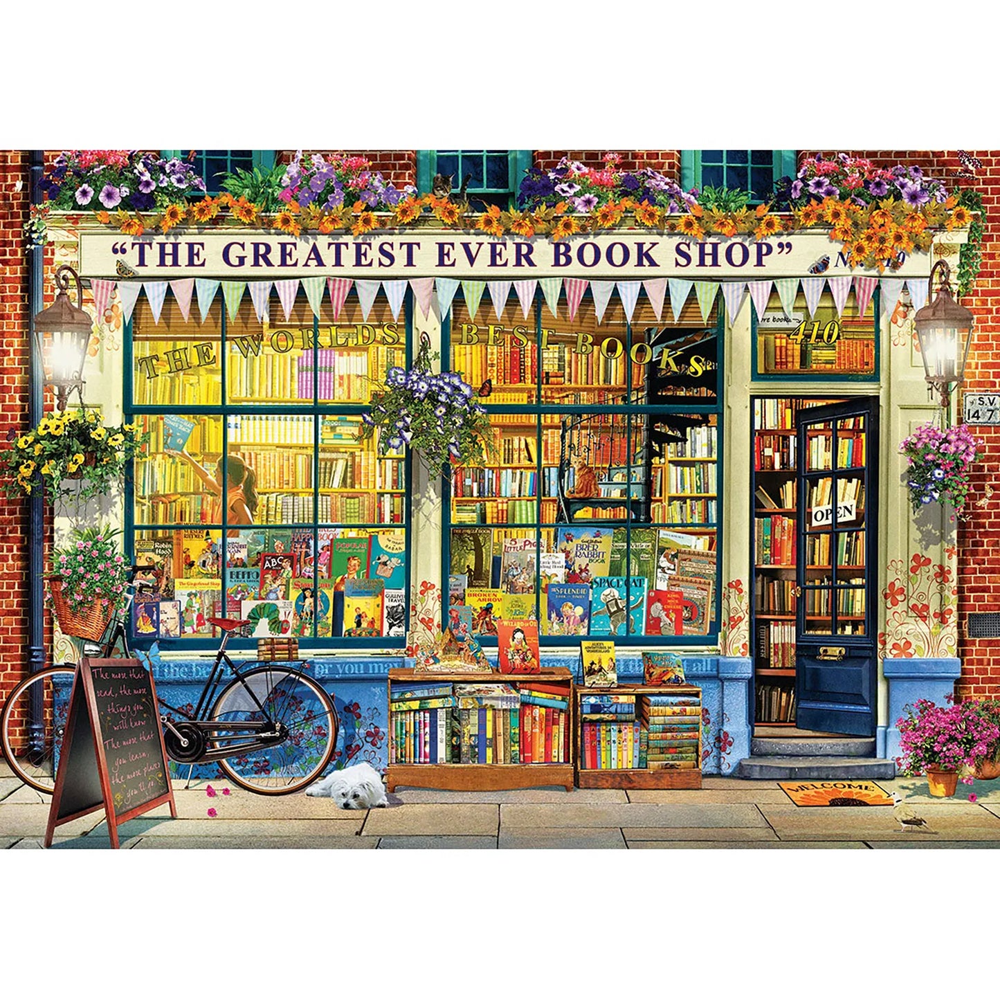 Eurographics 1000 Piece Puzzle: The Greatest Ever Book Shop featuring colorful storefront with books and flowers