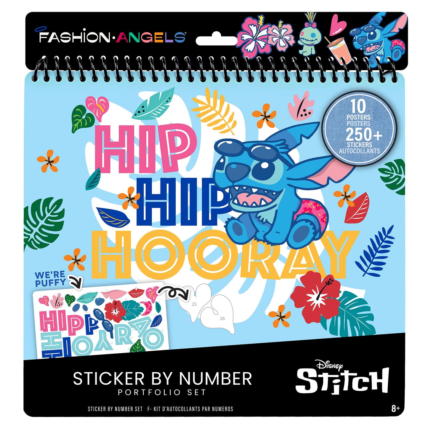 Disney Stitch Sticker By Number Portfolio Set spiral-bound activity book with blue cover featuring Stitch character, tropical flowers, leaves, and "Hip Hip Hoor