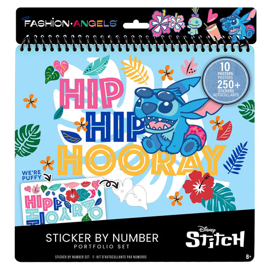 Disney Stitch Sticker By Number Portfolio Set spiral-bound activity book with blue cover featuring Stitch character, tropical flowers, leaves, and "Hip Hip Hoor