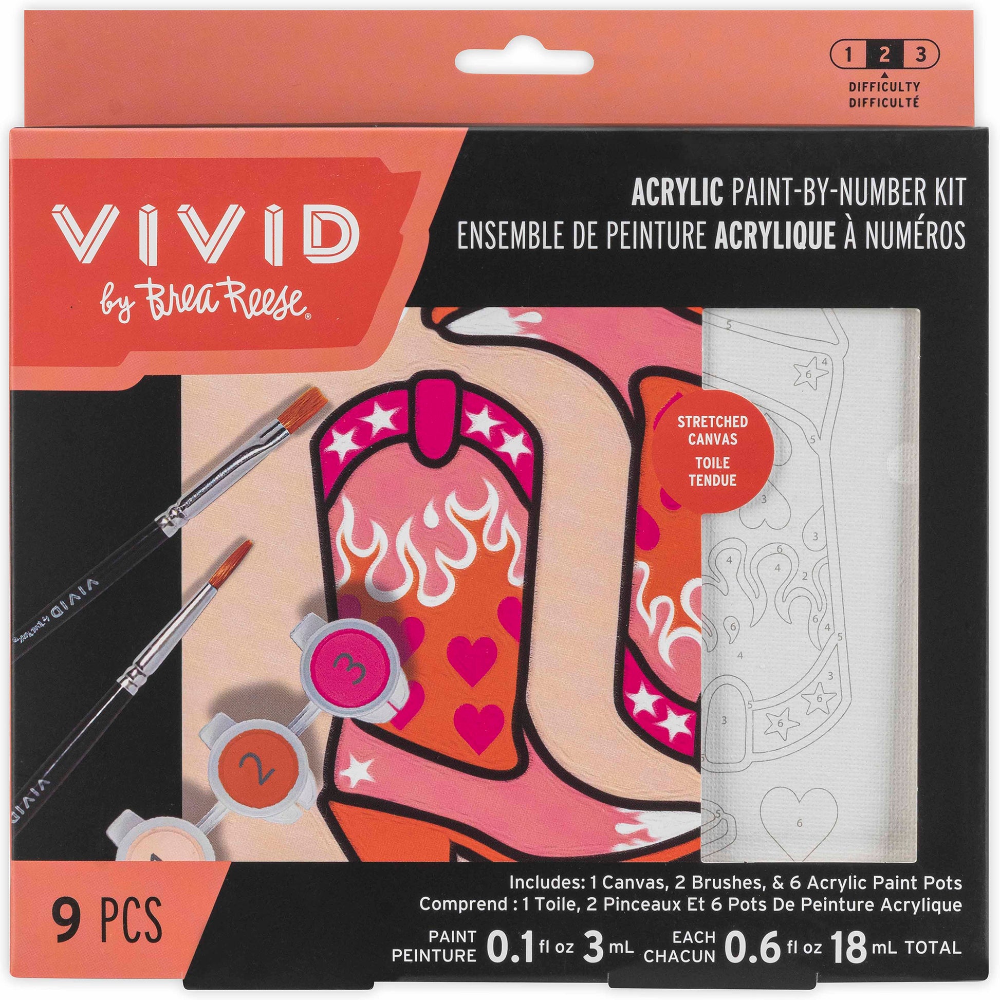 VIVID Mini Paint By Number Cowgirl Boot kit with pink, orange, and red acrylic paints