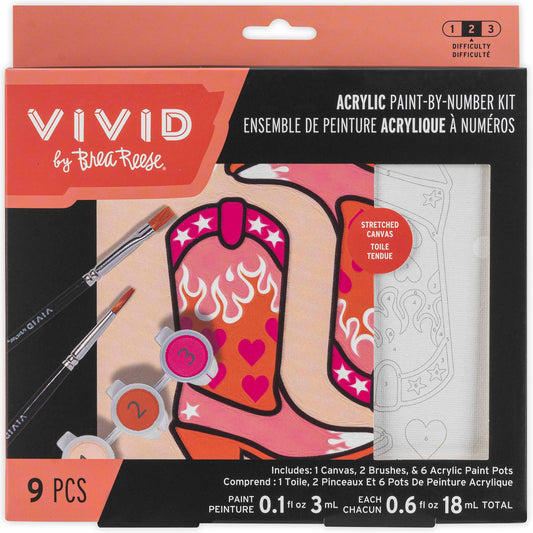 VIVID Mini Paint By Number Cowgirl Boot kit with pink, orange, and red acrylic paints