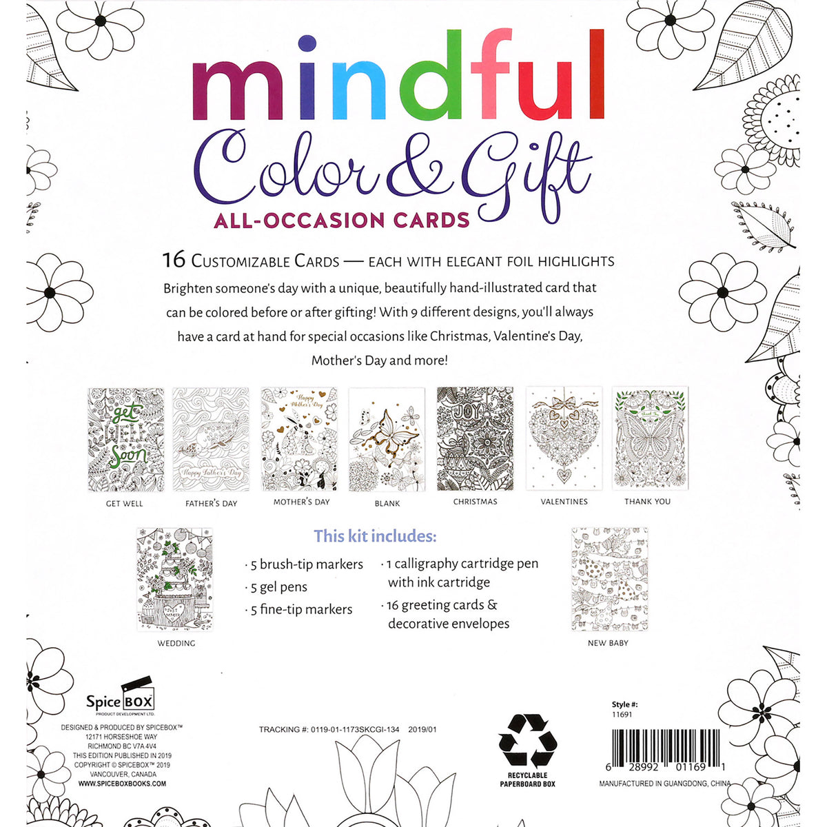 SpiceBox Sketch Plus Color & Gift card-making kit with 16 illustrated greeting cards, markers, and calligraphy pen