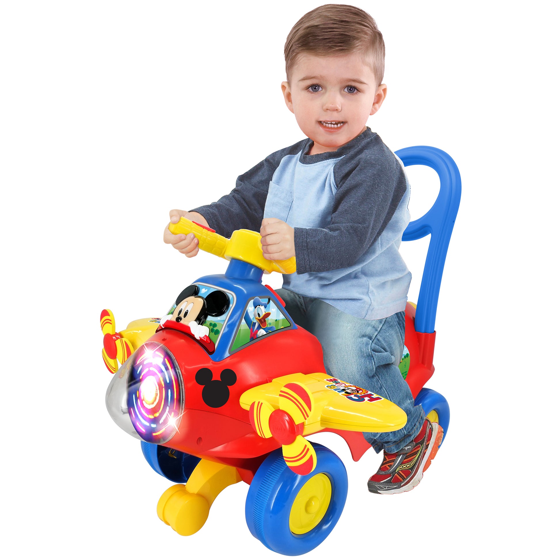 Mickey Activity Plane Ride-On toy with blue handle, red body, yellow wheels and propeller