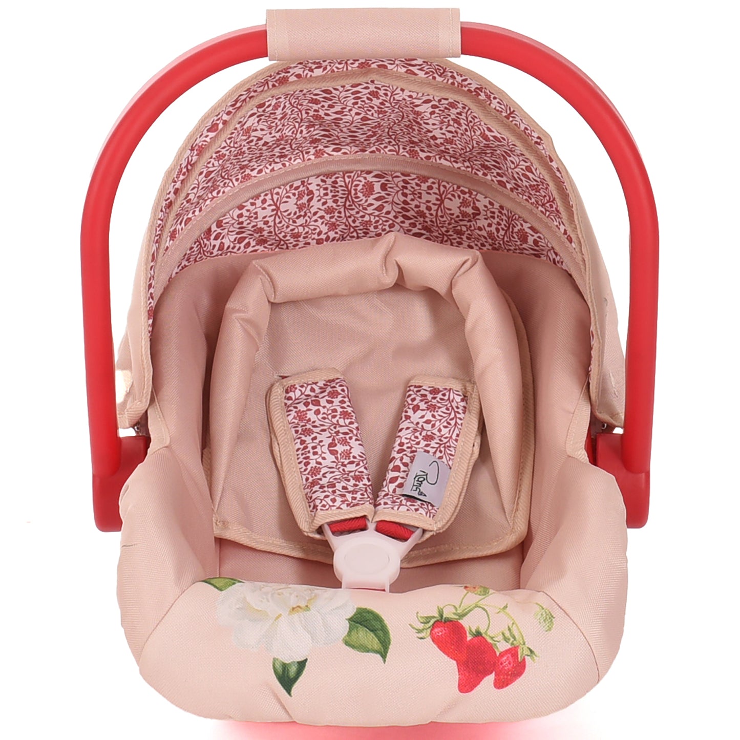 Roma RHS Flora Doll Car Seat with red handles, pink hood, and floral harness