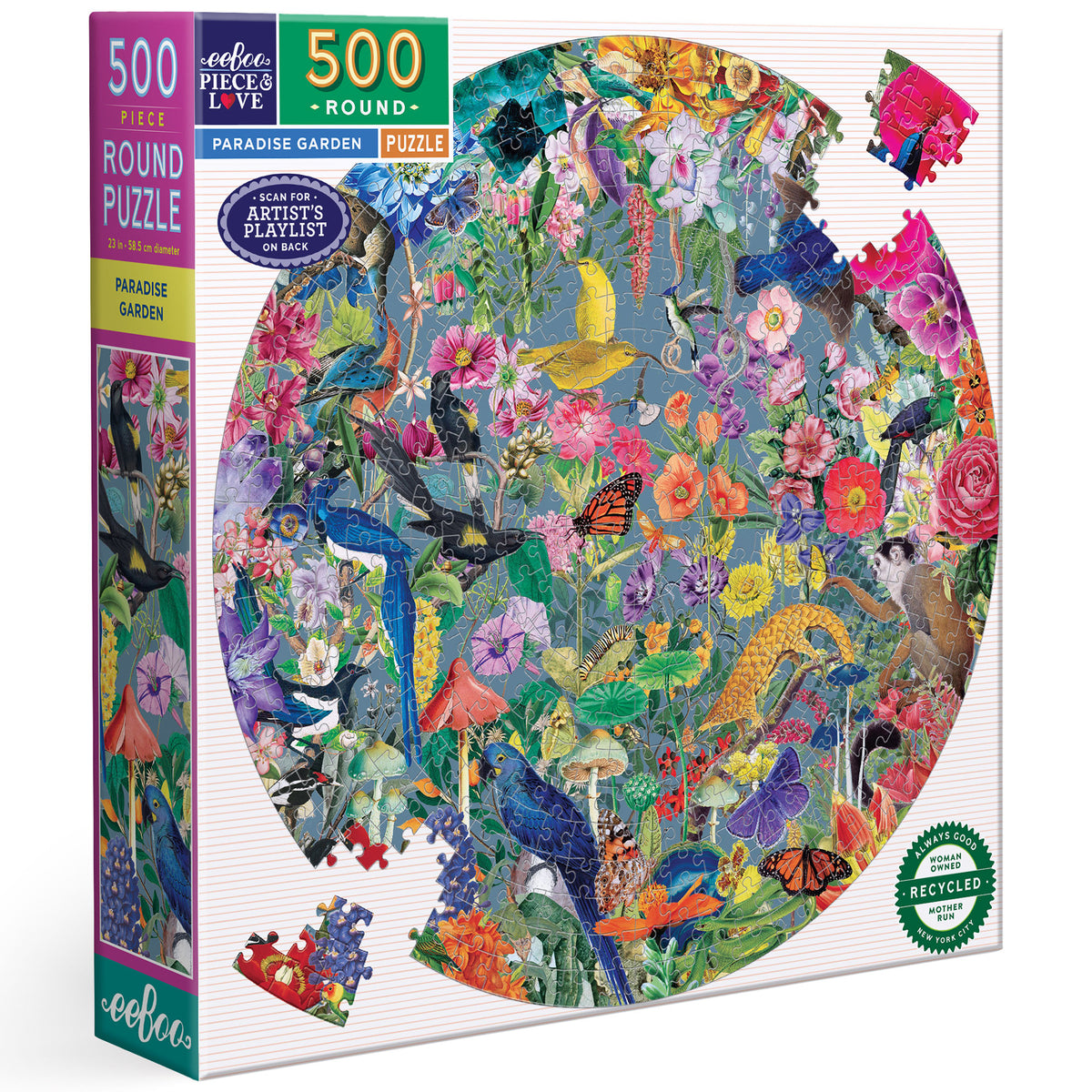 eeBoo Paradise Garden 500 piece round puzzle with colorful birds, flowers, and nature artwork