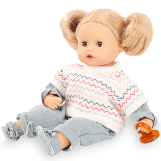 Gotz Muffin Zig Zag 13" doll with blonde pigtails wearing cream chevron sweater and blue pants