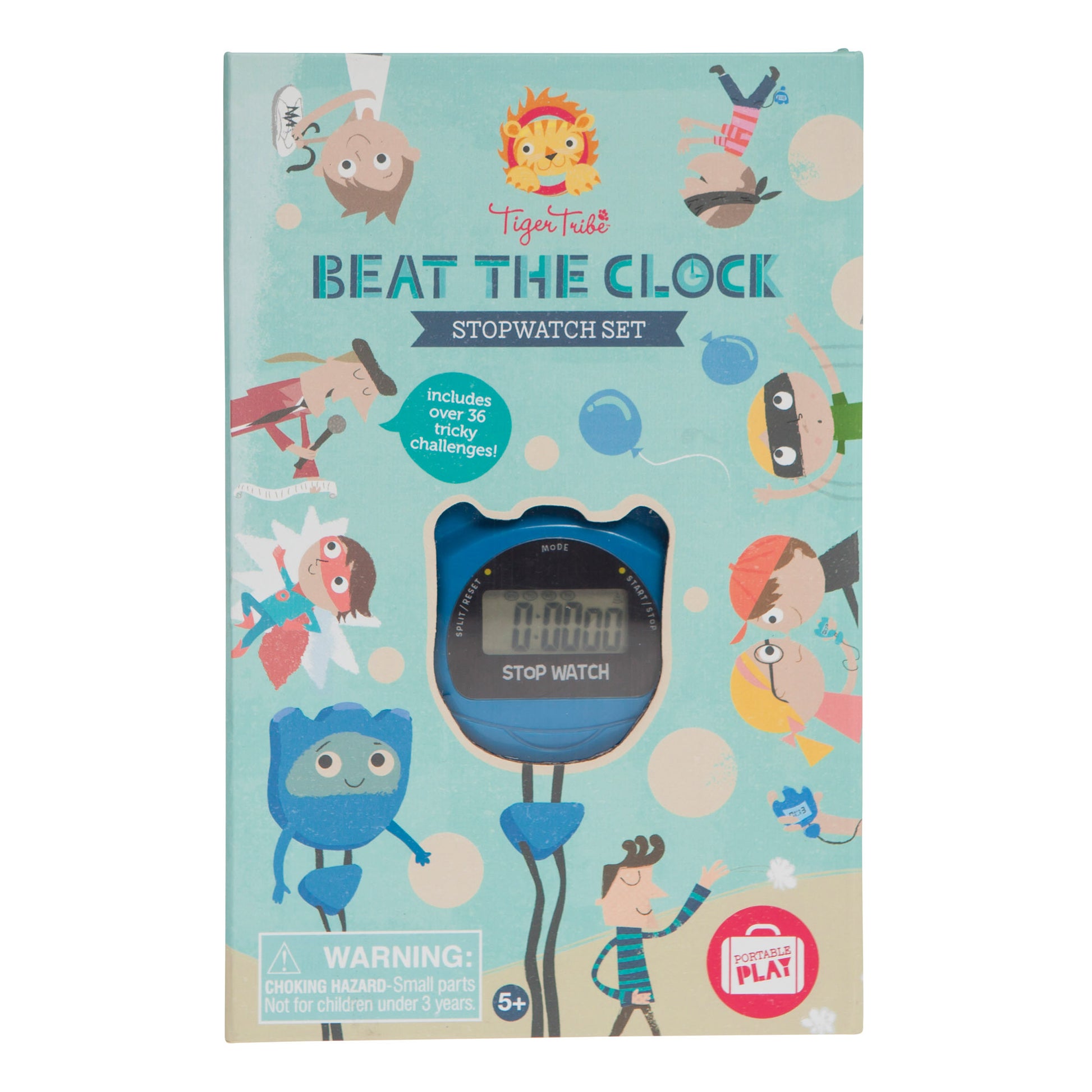 Tiger Tribe Beat the Clock Stopwatch Set packaging with blue digital stopwatch, colorful illustrated characters, and text reading 'includes over 36 tricky chall