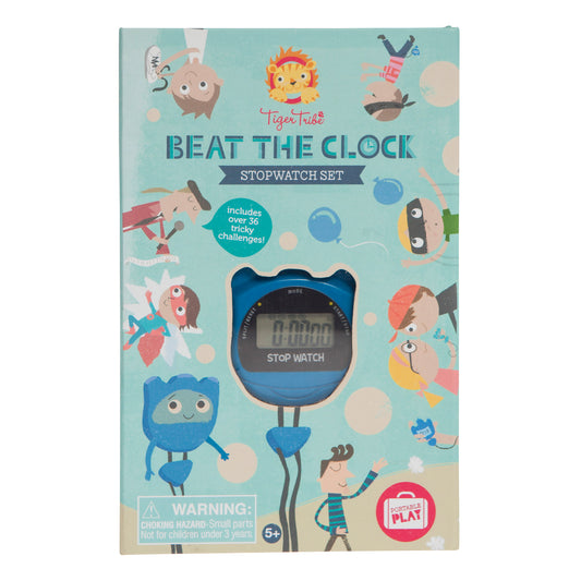 Tiger Tribe Beat the Clock Stopwatch Set packaging with blue digital stopwatch, colorful illustrated characters, and text reading 'includes over 36 tricky chall
