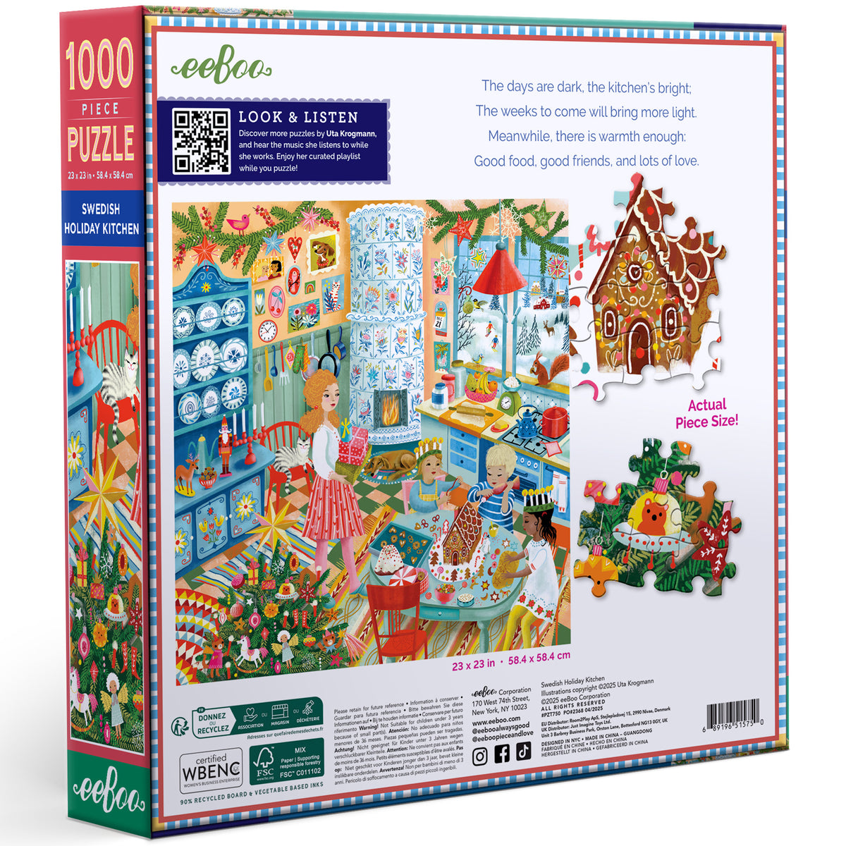 eeBoo Swedish Holiday Kitchen 1000 Piece Puzzle box showing colorful festive kitchen scene with family, gingerbread h...