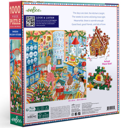 eeBoo Swedish Holiday Kitchen 1000 Piece Puzzle box showing colorful festive kitchen scene with family, gingerbread h...