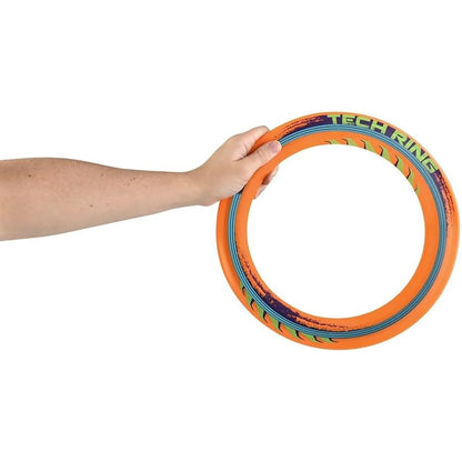 Tech Ring boomerang toy in orange held in hand against white background