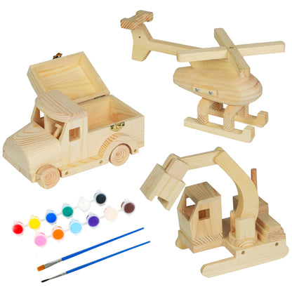 Easy Playhouse 3pc Wood Building Toy Kit with truck, helicopter, and house models, paint and brushes