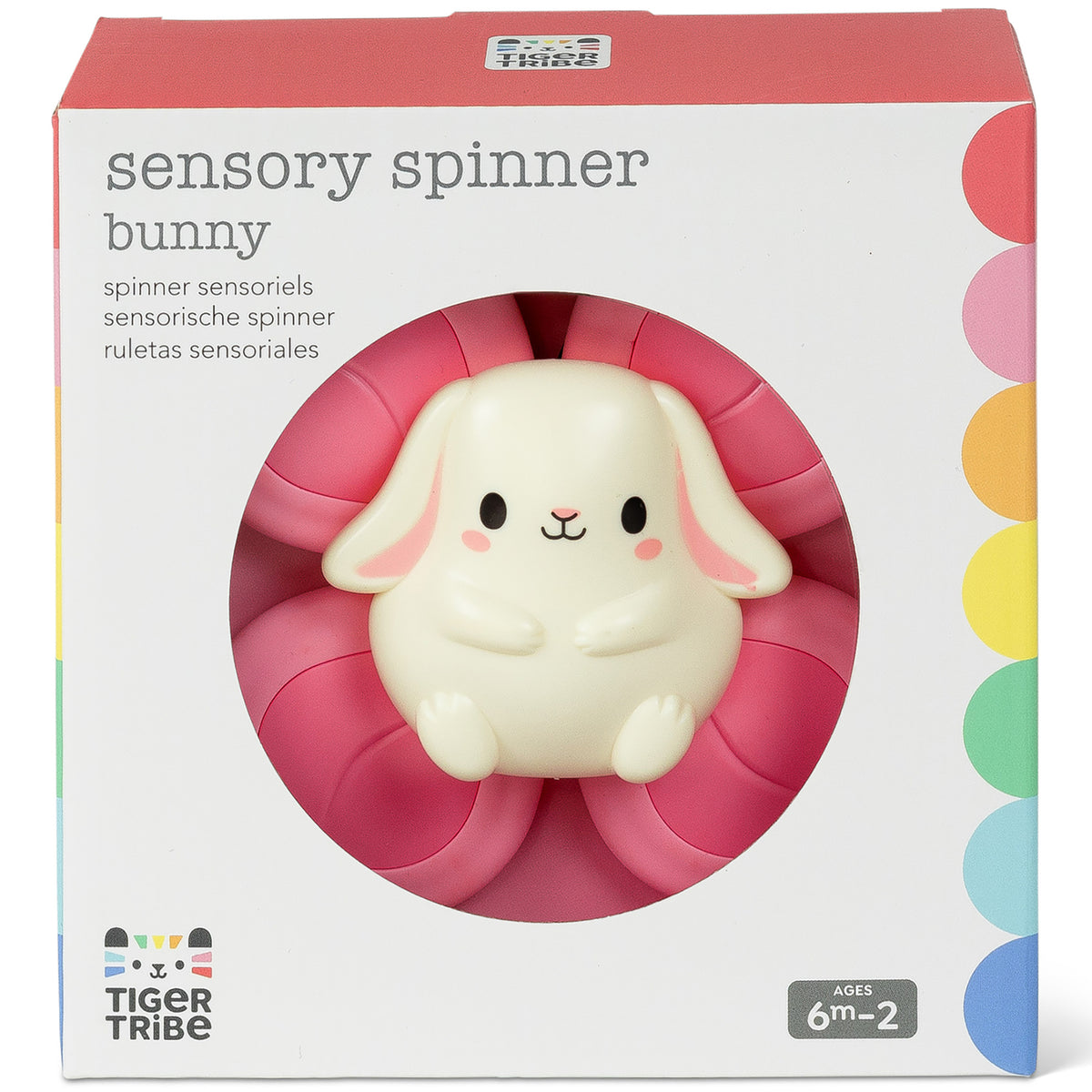 Sensory Spinner Bunny toy with white bunny character and pink spinning paddles on packaging