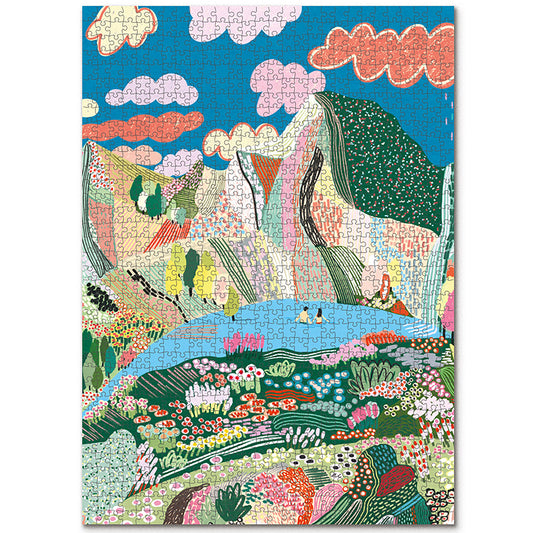 Journey Of Something Laguna 1000-Piece Jigsaw Puzzle featuring colorful desert landscape with cacti and blue water