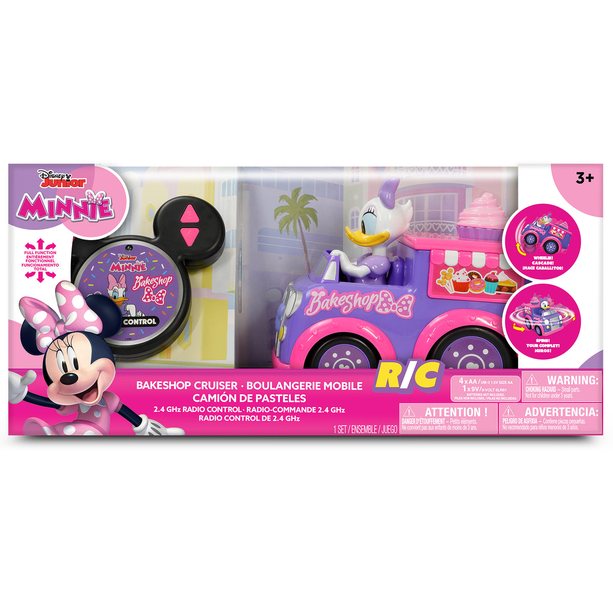 Disney Junior Minnie Mouse R/C Bakeshop Cruiser with remote control, pink and purple toy vehicle with Daisy Duck figure and bakery shop playset, for ages 3+
