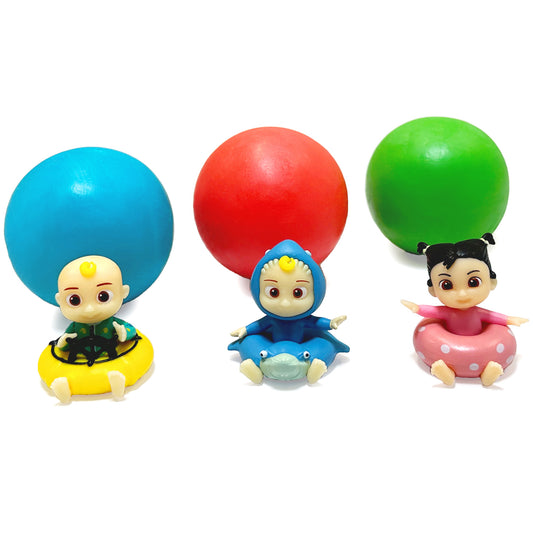 Three colorful soap ball figures with oversized bubble heads, each featuring a character with different colored balloons — blue, red, and green — sitting on the