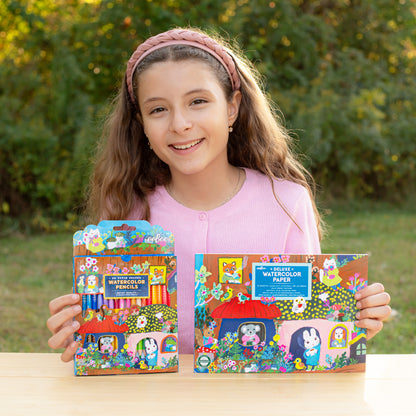 Yumi's Mushrooms Deluxe Watercolor Pencils and Paper Pad set with colorful packaging