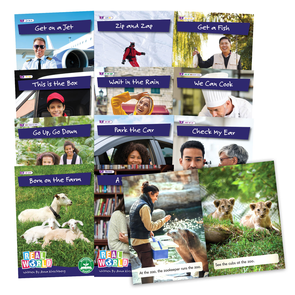 Nine book covers from Rainbow Phonics Phase 3 Non-Fiction Hi-Lo Decodables series arranged in an overlapping grid, each featuring colorful photos of people and