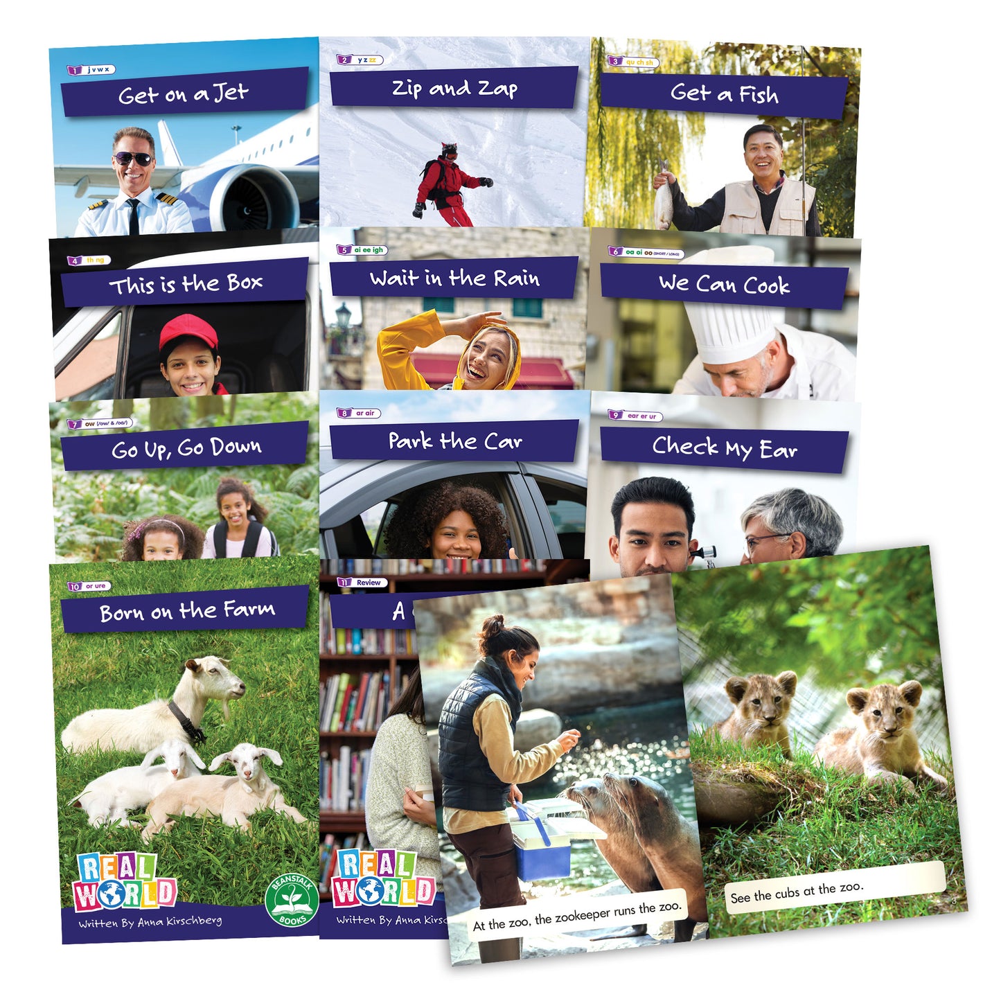 Nine book covers from Rainbow Phonics Phase 3 Non-Fiction Hi-Lo Decodables series arranged in an overlapping grid, each featuring colorful photos of people and