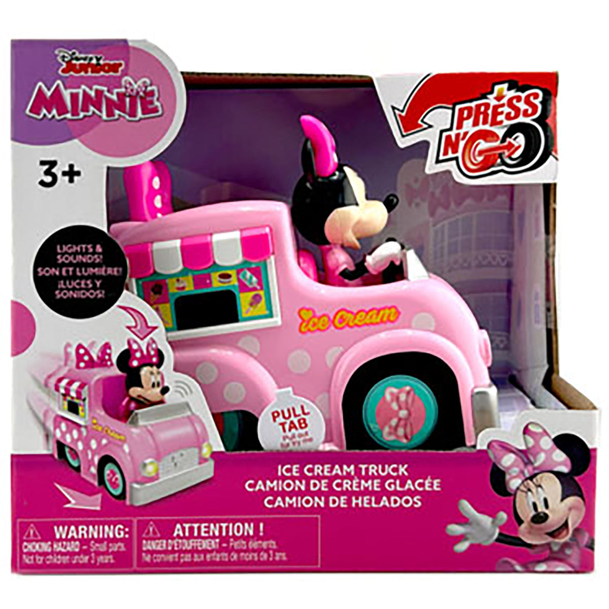 Disney Junior Minnie Mouse pink ice cream truck toy with flashing lights and sounds, featuring Minnie character in dr...
