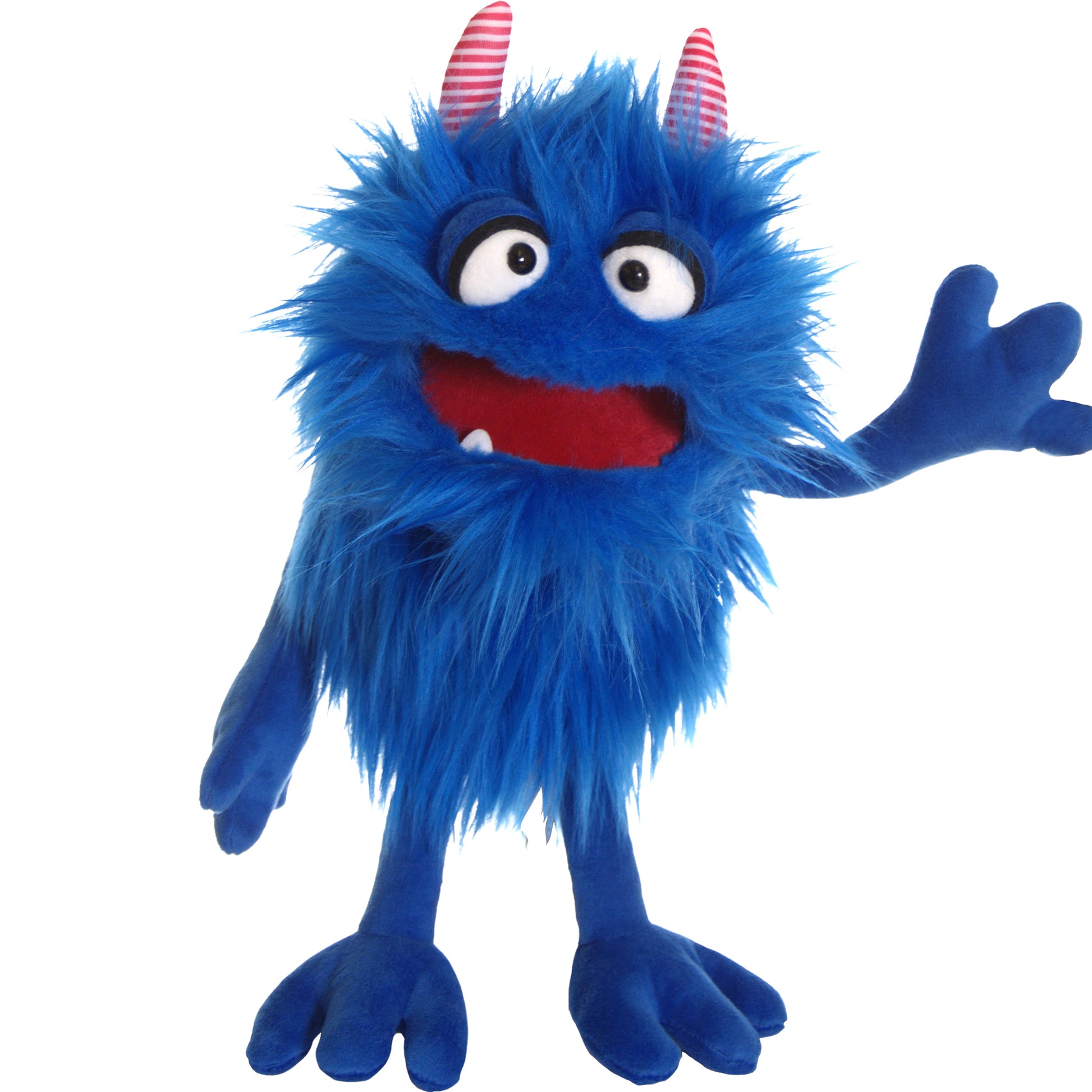 Blue plush hand puppet with spiky fur, pink striped horns, wide eyes, red mouth, and one arm raised in a waving gesture