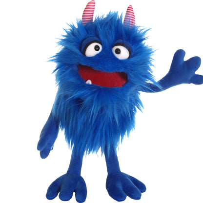 Blue plush hand puppet with spiky fur, pink striped horns, wide eyes, red mouth, and one arm raised in a waving gesture