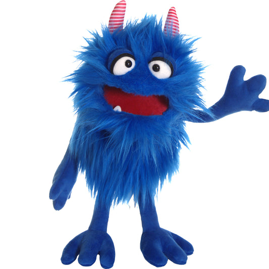 Blue plush hand puppet with spiky fur, pink striped horns, wide eyes, red mouth, and one arm raised in a waving gesture