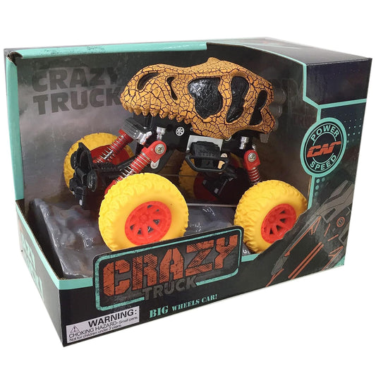 Crazy Truck dinosaur skull stunt vehicle with orange textured head, black details, red engine, and yellow wheels with red hubs, displayed in packaging