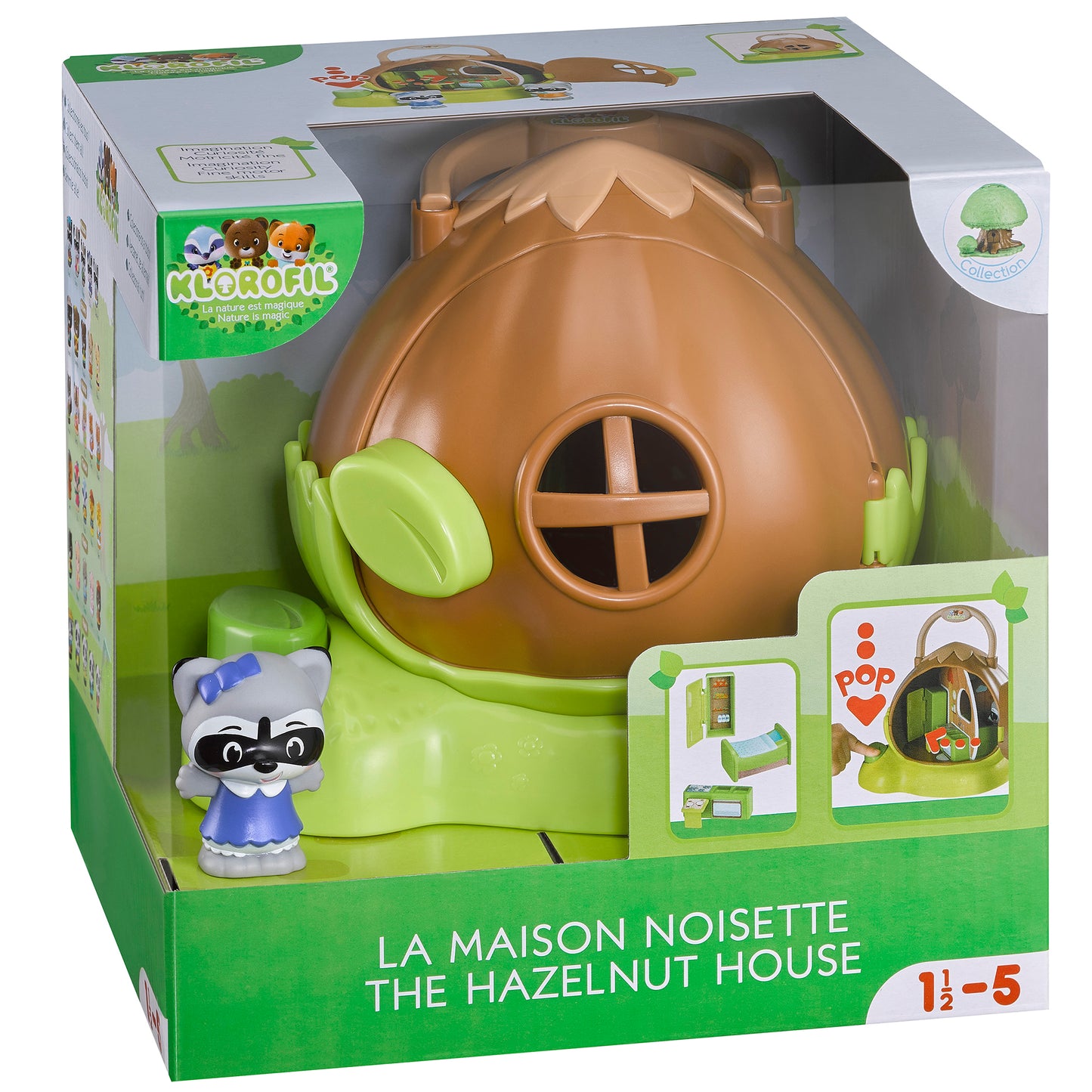 Timber Tots Hazelnut House playset with brown acorn-shaped dwelling, green base, and small raccoon character figure