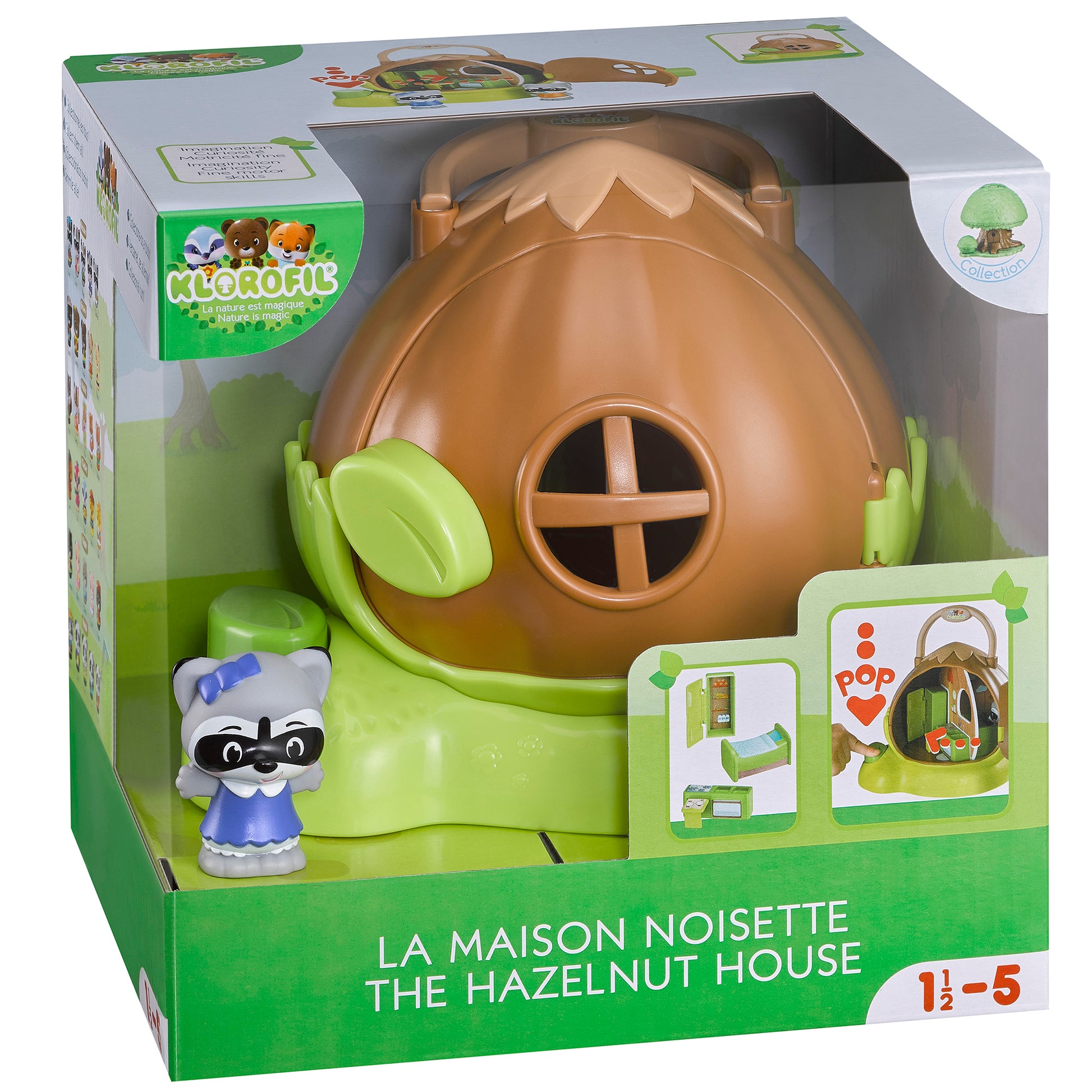 Timber Tots Hazelnut House playset with brown acorn-shaped dwelling, green base, and small raccoon character figure
