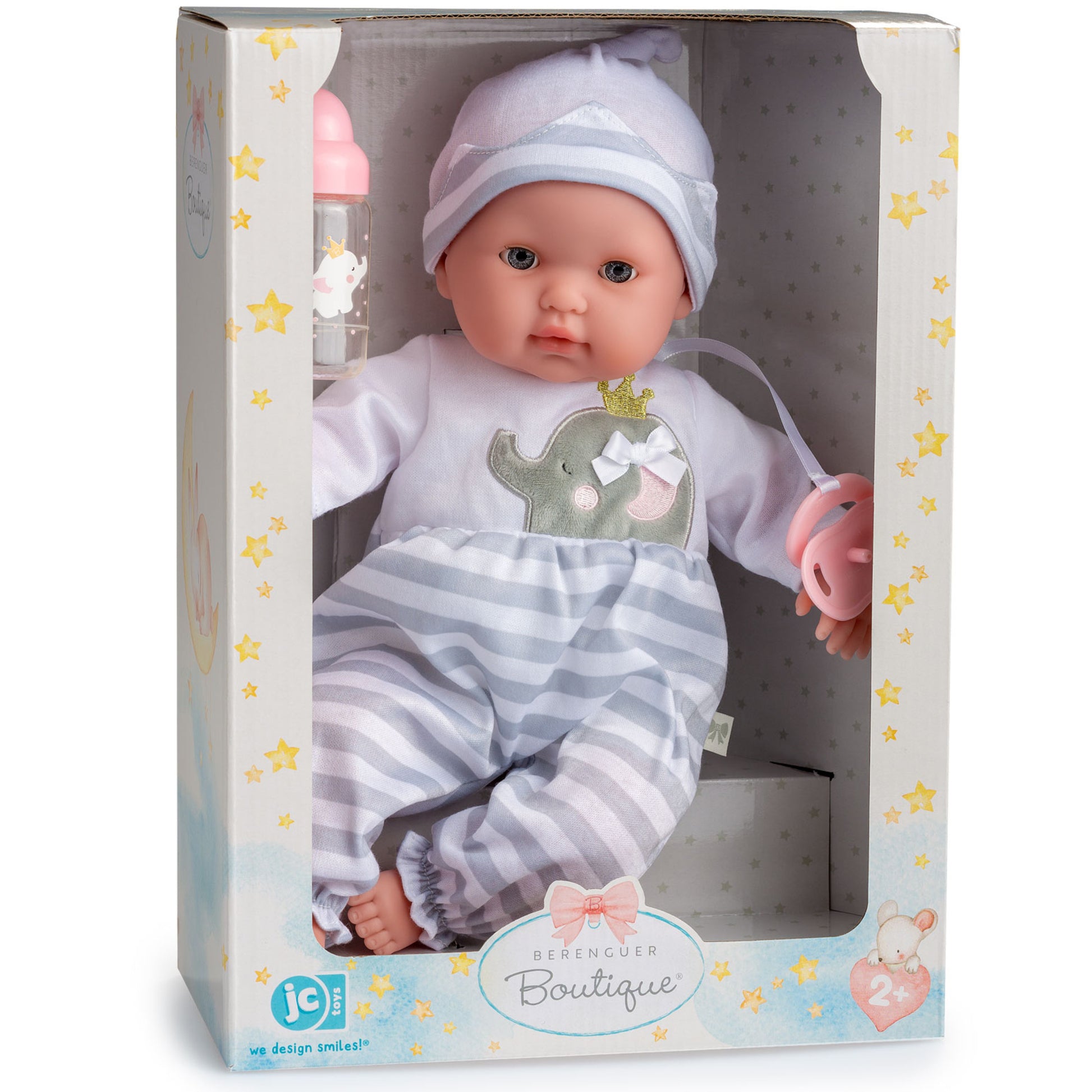 JC Toys Berenguer Boutique 15" baby doll with grey elephant outfit, pink striped pants, white hat, includes bottle an...