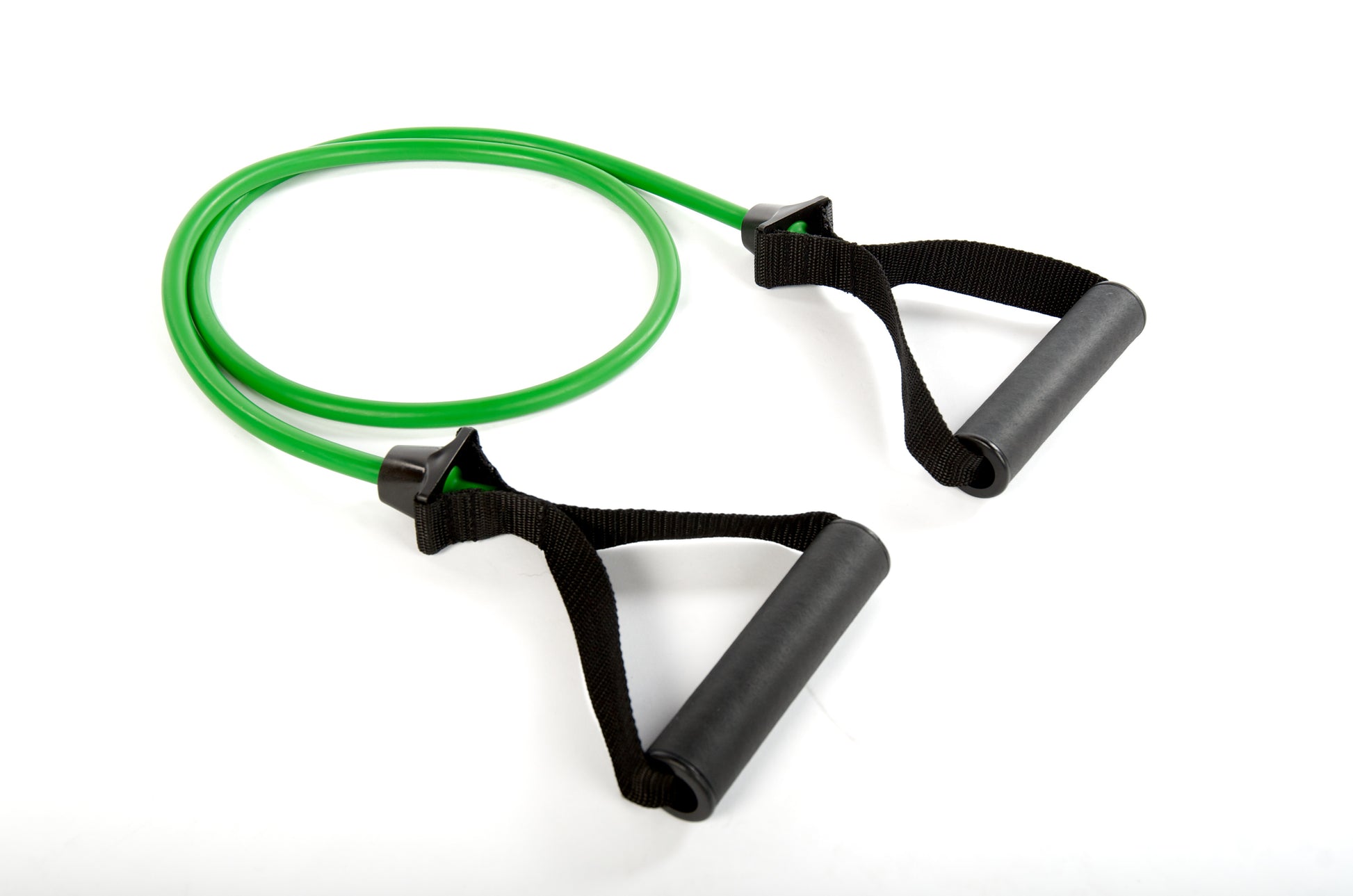 Green resistance tube with black foam handles and connector anchors on both ends