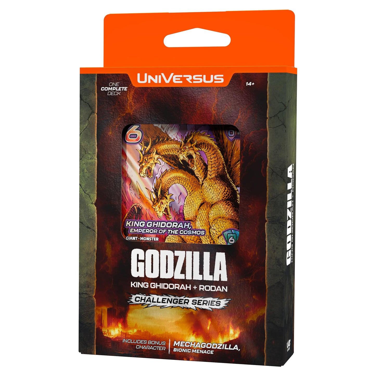 UniVersus Godzilla Challenger Series card deck box featuring King Ghidorah, Emperor of the Cosmos artwork on front panel with orange header and flame background