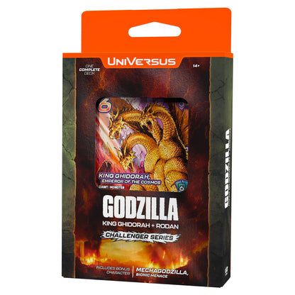 UniVersus Godzilla Challenger Series card deck box featuring King Ghidorah, Emperor of the Cosmos artwork on front panel with orange header and flame background
